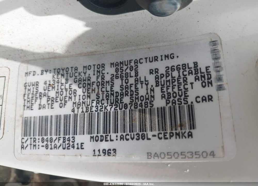 2002 TOYOTA CAMRY LE VIN: 4T1BE32K72U078485