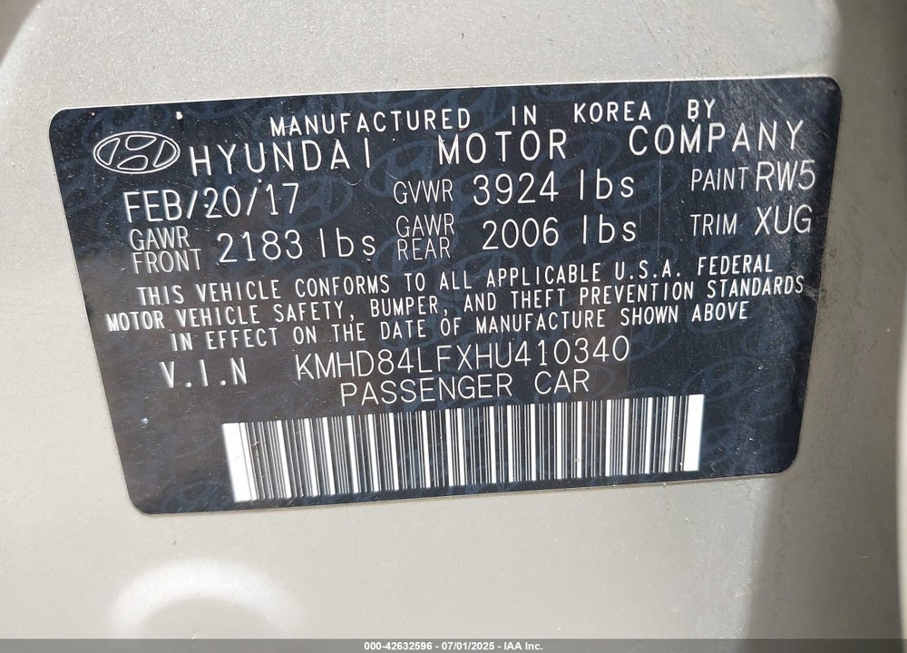 2017 HYUNDAI ELANTRA VIN: KMHD84LFXHU410340