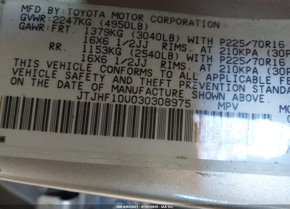 2003 LEXUS RX 300 VIN: JTJHF10U030308975