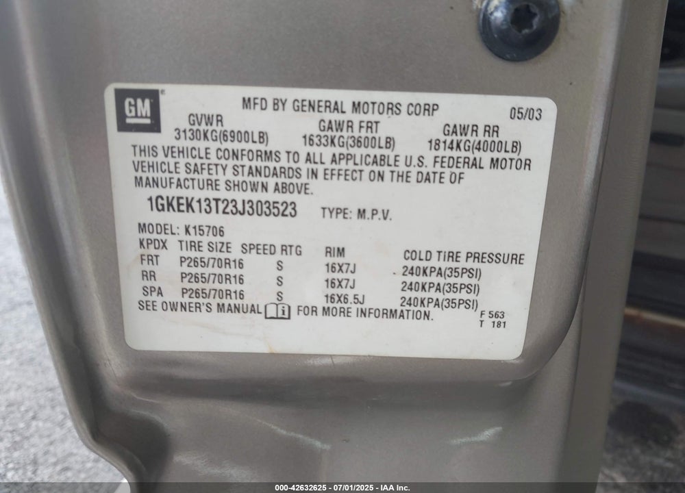 2003 GMC YUKON SLT VIN: 1GKEK13T23J303523