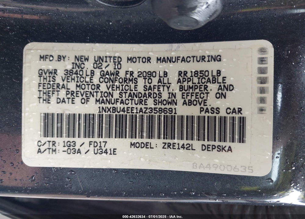 2010 TOYOTA COROLLA S VIN: 1NXBU4EE1AZ358691