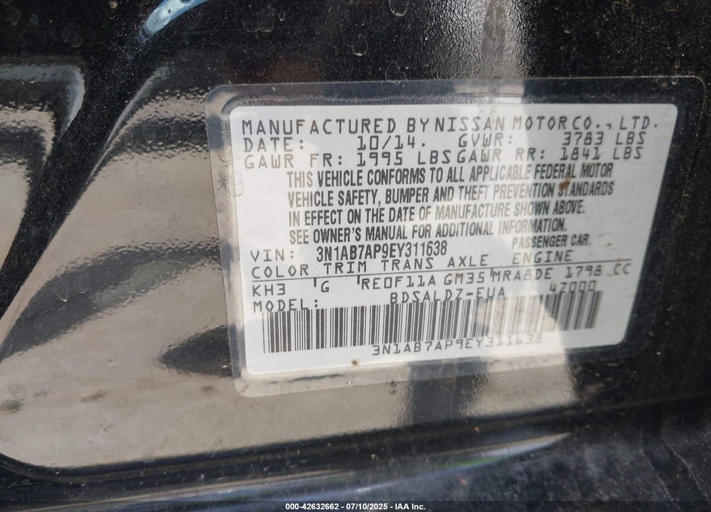 2014 NISSAN SENTRA VIN: 3N1AB7AP9EY311638