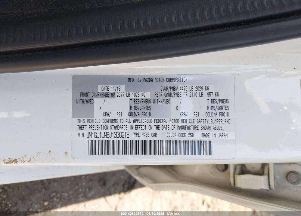 2018 MAZDA 6 VIN: JM1GL1UM8J1330215