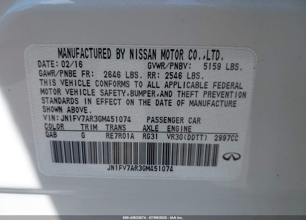 2016 INFINITI Q50 VIN: JN1FV7AR3GM451074