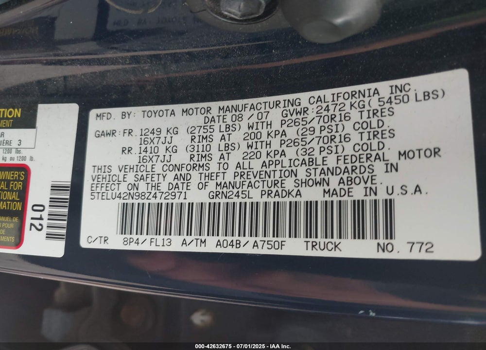 2008 TOYOTA TACOMA BASE V6 VIN: 5TELU42N98Z472971