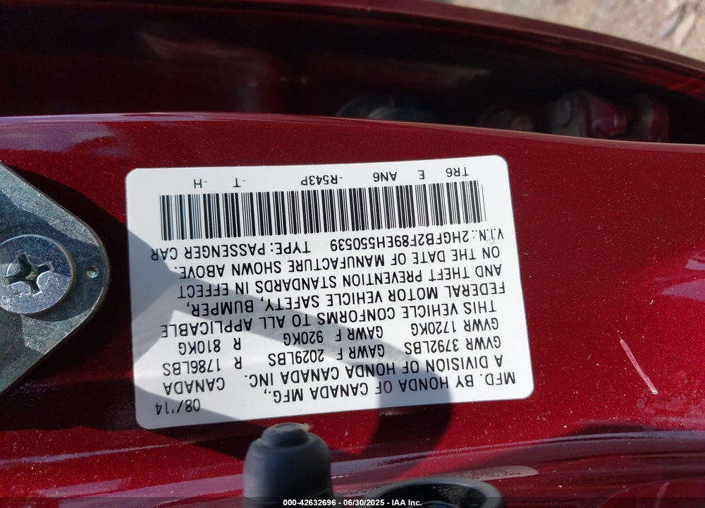 2014 HONDA CIVIC EX VIN: 2HGFB2F89EH550539