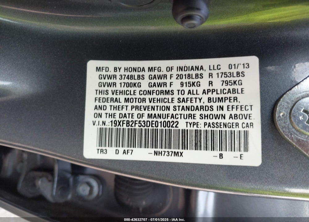 2013 HONDA CIVIC VIN: 19XFB2F53DE010022