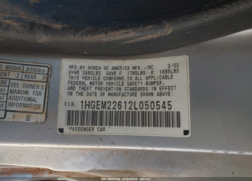 2002 HONDA CIVIC LX VIN: 1HGEM22612L050545