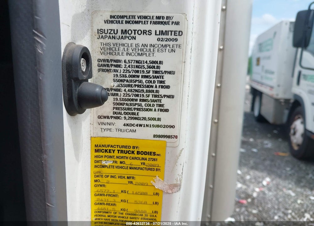 2009 GMC W4500 HD GAS REG VIN: 4KDC4W1N19J802090