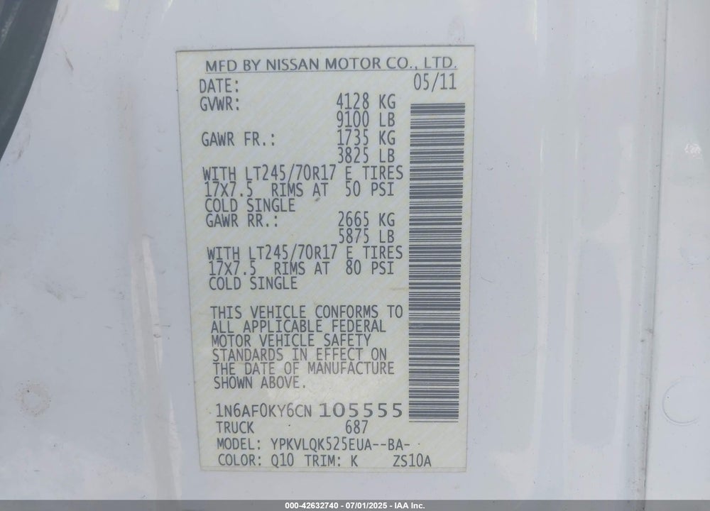2012 NISSAN NV 2500 NV2500 HD S V8 VIN: 1N6AF0KY6CN105555