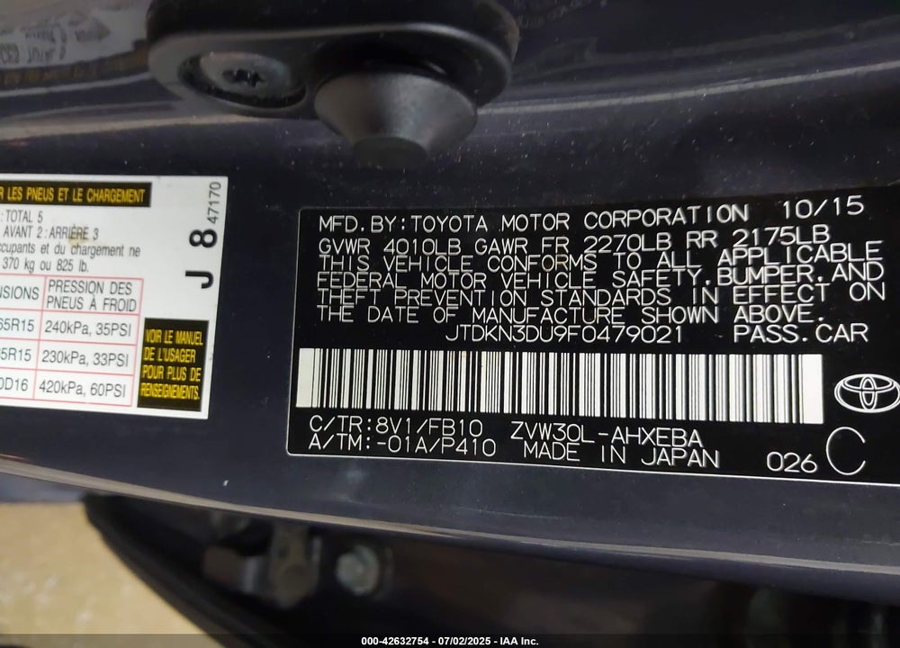 2015 TOYOTA PRIUS TWO VIN: JTDKN3DU9F0479021
