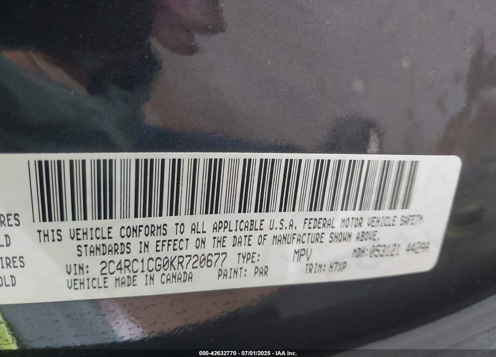 2019 CHRYSLER PACIFICA LX VIN: 2C4RC1CG0KR720677