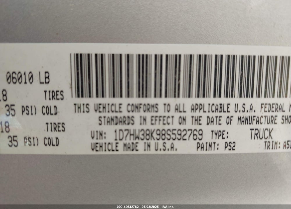 2008 DODGE DAKOTA SXT/BIGHORN/LONESTAR VIN: 1D7HW38K98S592769