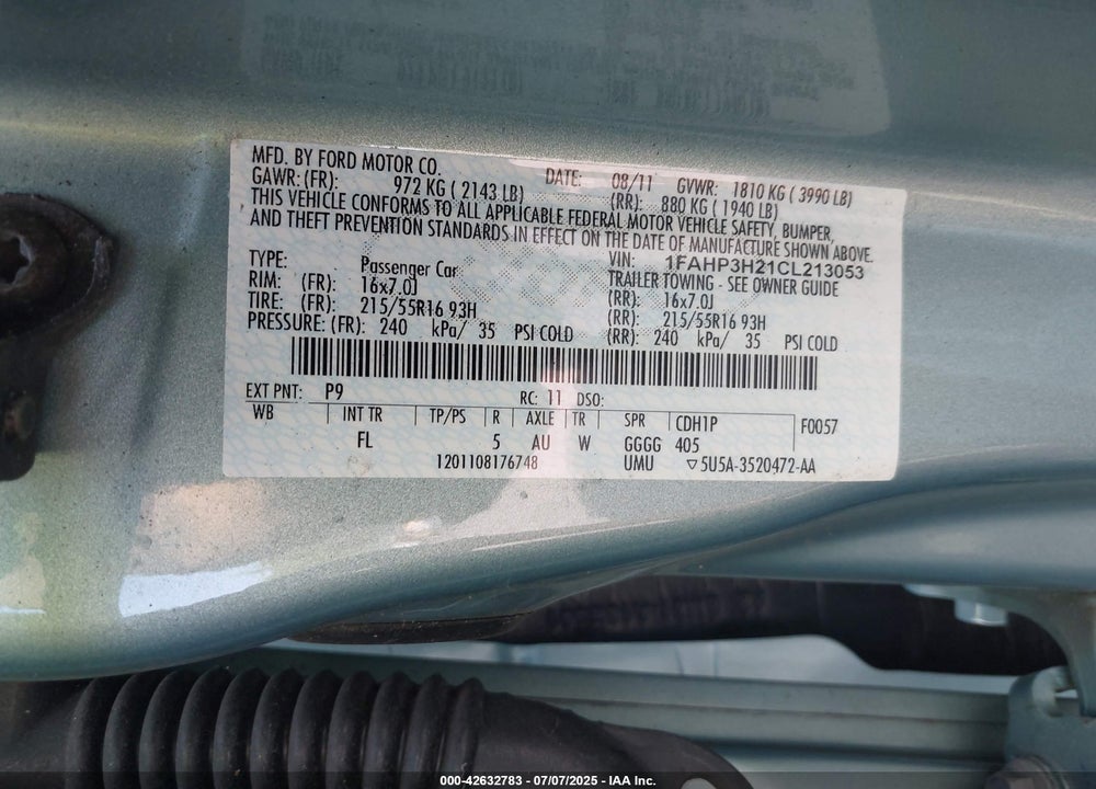2012 FORD FOCUS VIN: 1FAHP3H21CL213053
