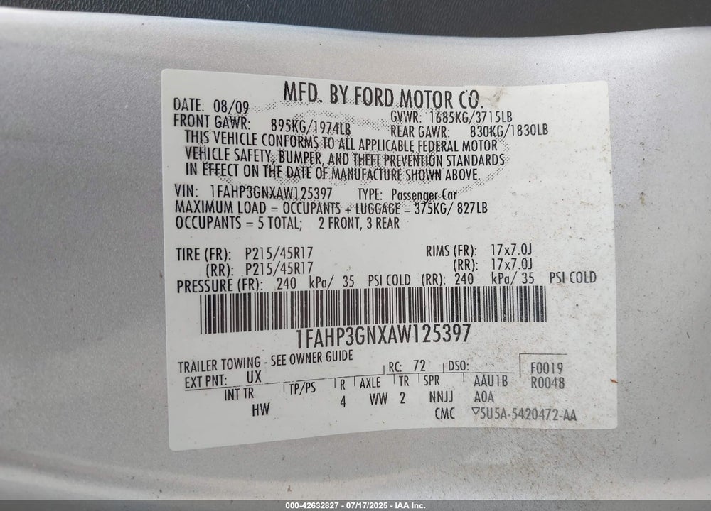 2010 FORD FOCUS VIN: 1FAHP3GNXAW125397