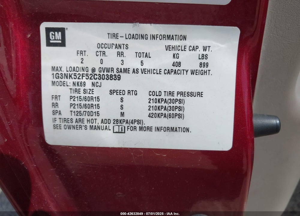 2002 OLDSMOBILE ALERO VIN: 1G3NK52F52C303839