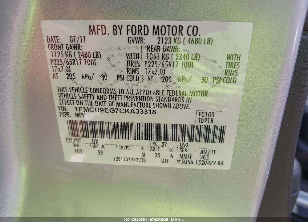 2012 FORD ESCAPE VIN: 1FMCU9EG7CKA33318