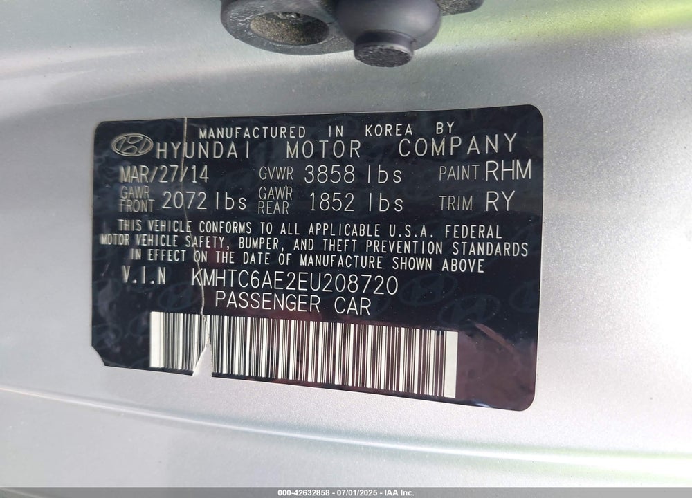2014 HYUNDAI VELOSTER VIN: KMHTC6AE2EU208720