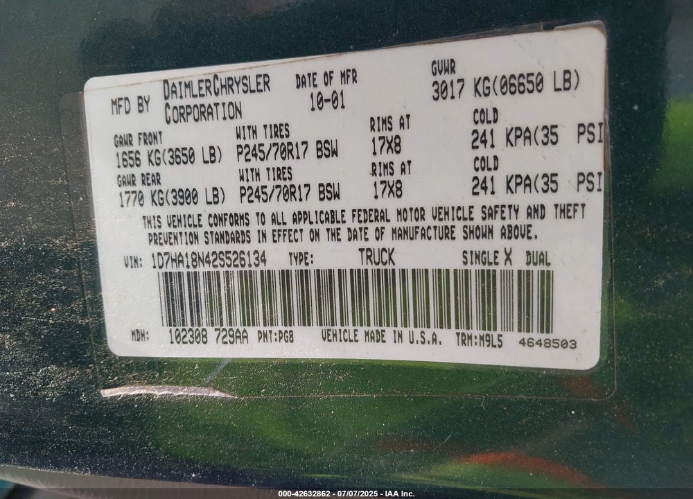 2002 DODGE RAM 1500 ST VIN: 1D7HA18N42S526134