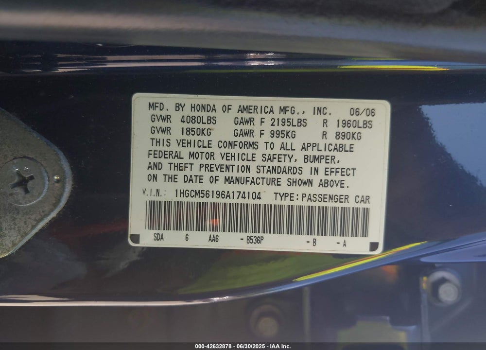 2006 HONDA ACCORD 2.4 VP VIN: 1HGCM56196A174104