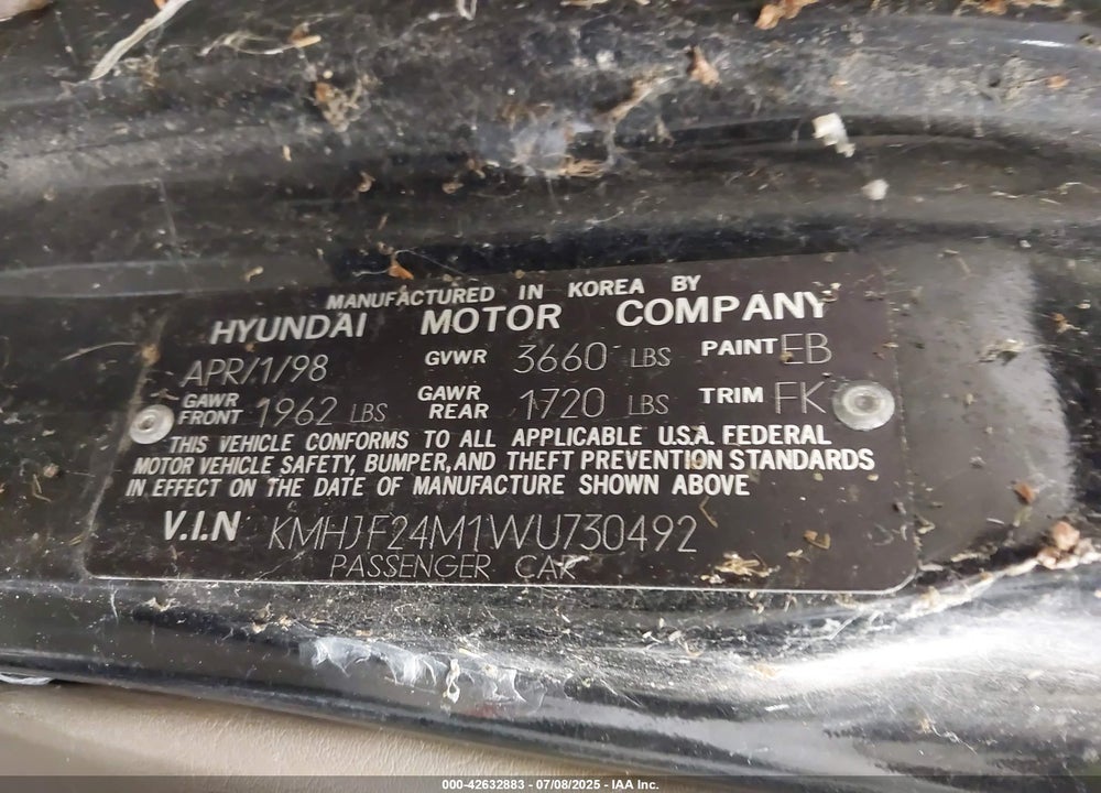 1998 HYUNDAI ELANTRA VIN: KMHJF24M1WU730492