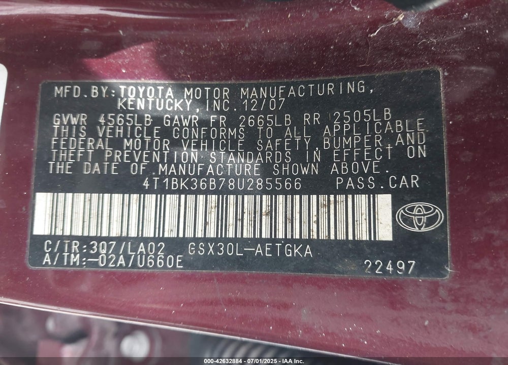 2008 TOYOTA AVALON XLS VIN: 4T1BK36B78U285566