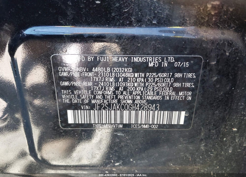 2016 SUBARU FORESTER VIN: JF2SJAKC0GH428943