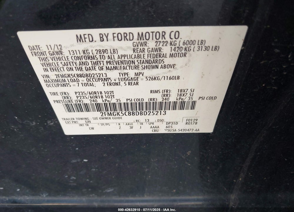 2013 FORD FLEX VIN: 2FMGK5C88DBD25213