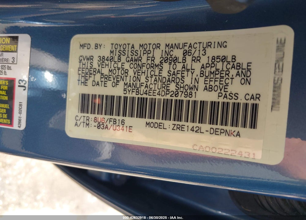 2013 TOYOTA COROLLA VIN: 5YFBU4EE4DP207981