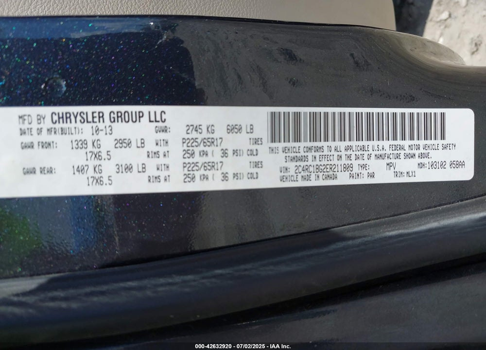 2014 CHRYSLER TOWN & COUNTRY VIN: 2C4RC1BG2ER211809