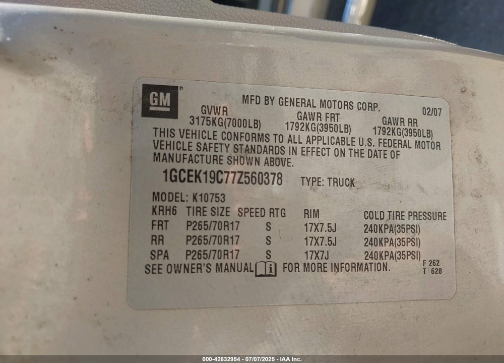 2007 CHEVROLET SILVERADO 1500 LT1 VIN: 1GCEK19C77Z560378
