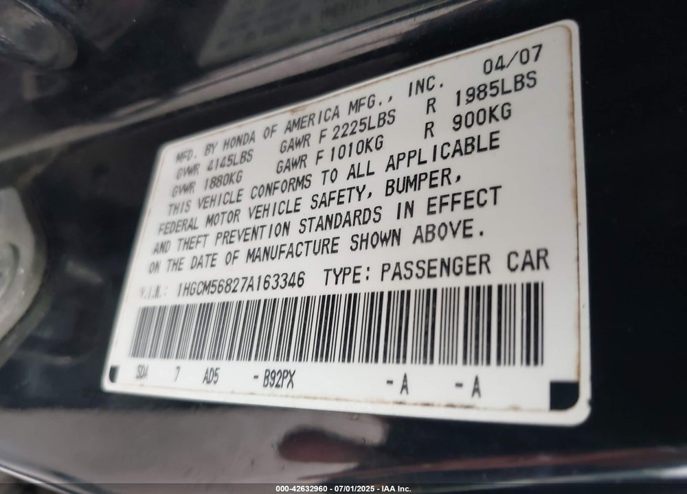 2007 HONDA ACCORD 2.4 EX VIN: 1HGCM56827A163346