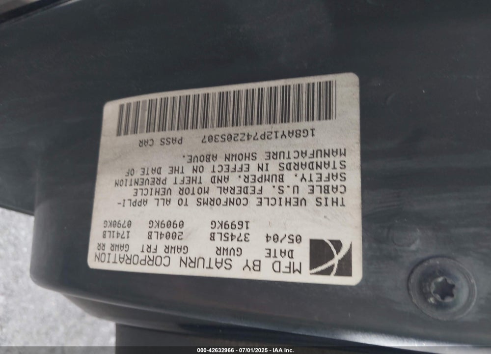 2004 SATURN ION VIN: 1G8AY12P74Z205307