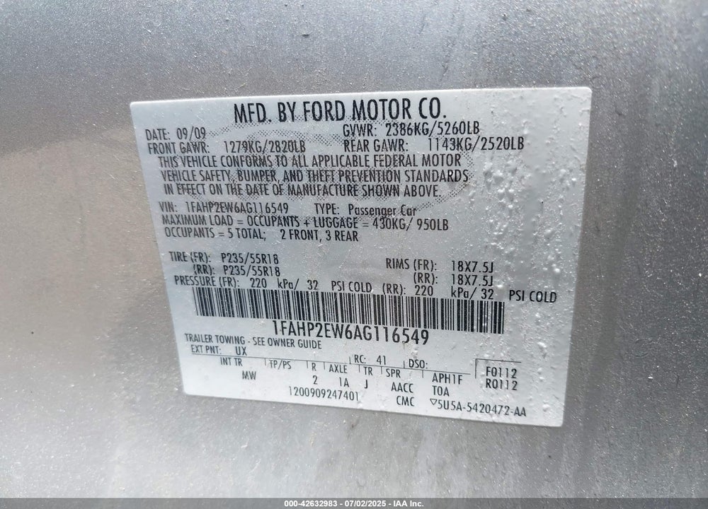 2010 FORD TAURUS SEL VIN: 1FAHP2EW6AG116549