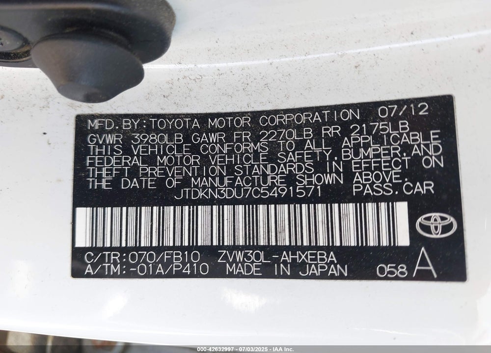 2012 TOYOTA PRIUS VIN: JTDKN3DU7C5491571