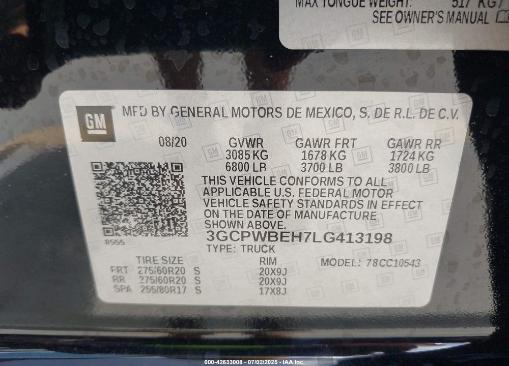 2020 CHEVROLET SILVERADO 1500 VIN: 3GCPWBEH7LG413198