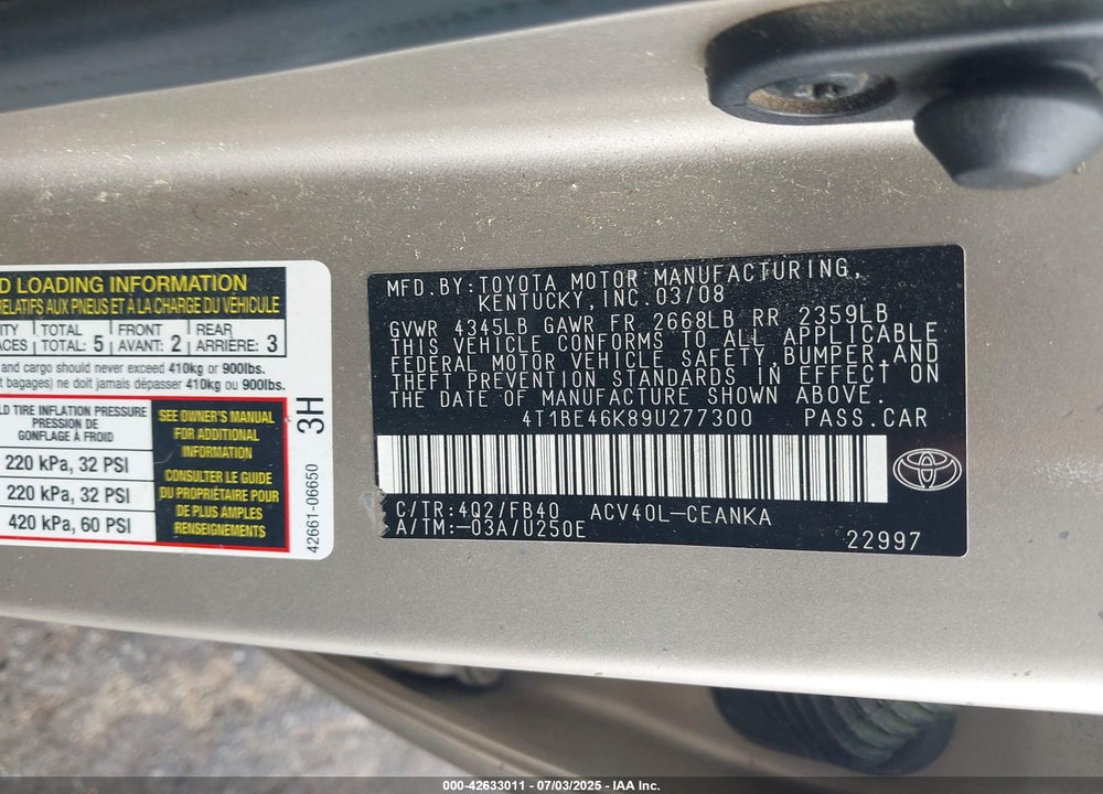 2009 TOYOTA CAMRY VIN: 4T1BE46K89U277300