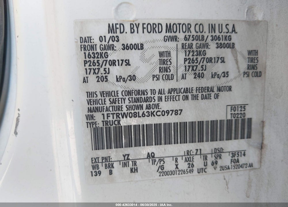 2003 FORD F-150 LARIAT/XLT VIN: 1FTRW08L63KC09787