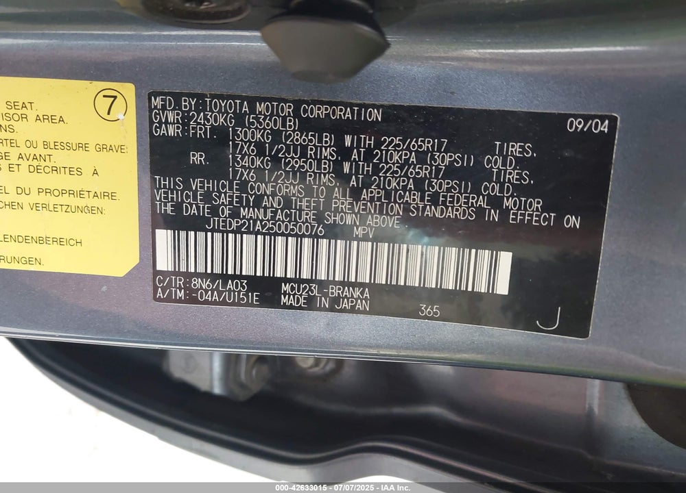 2005 TOYOTA HIGHLANDER LIMITED V6 VIN: JTEDP21A250050076
