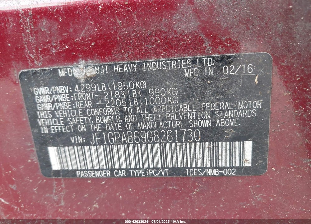 2016 SUBARU IMPREZA VIN: JF1GPAB69G8261730