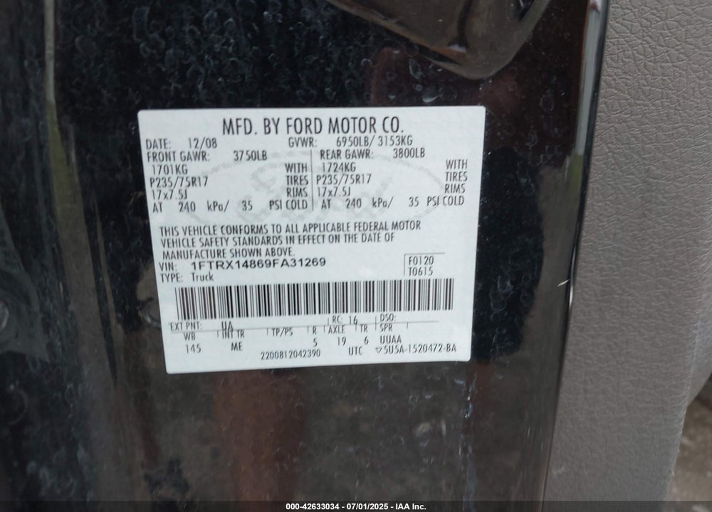 2009 FORD F-150 VIN: 1FTRX14869FA31269