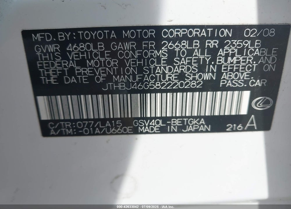 2008 LEXUS ES 350 VIN: JTHBJ46G582220282