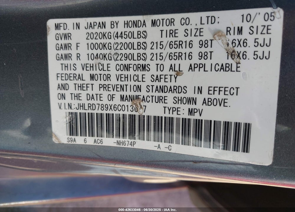 2006 HONDA CR-V VIN: JHLRD789X6C013677