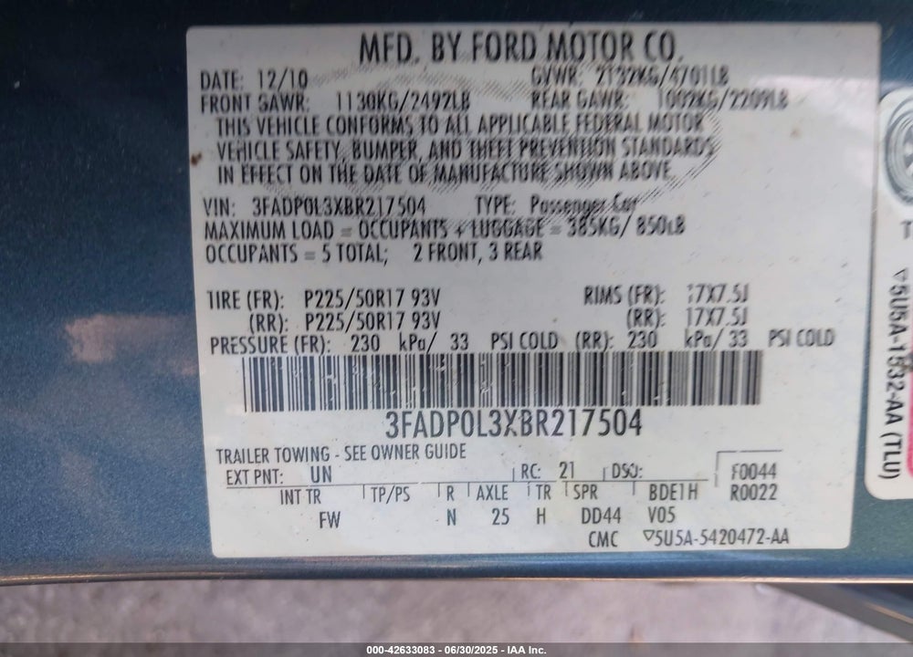 2011 FORD FUSION HYBRID VIN: 3FADP0L3XBR217504