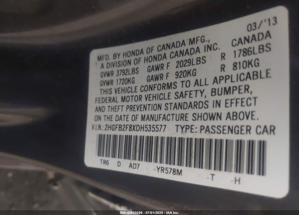 2013 HONDA CIVIC VIN: 2HGFB2F8XDH535577