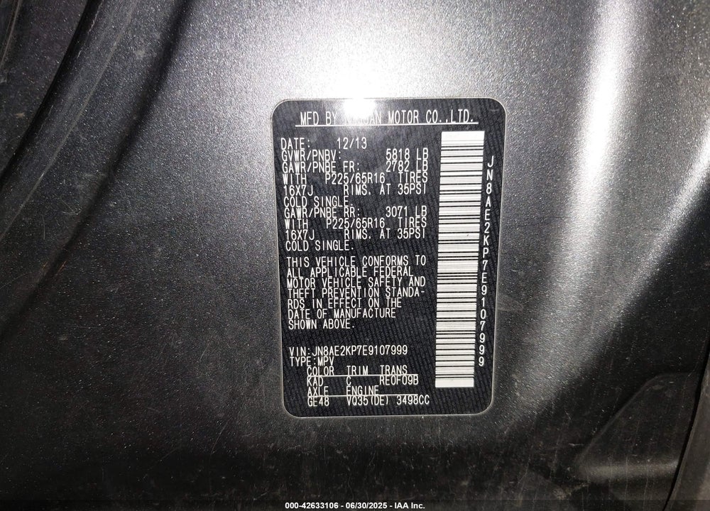 2014 NISSAN QUEST VIN: JN8AE2KP7E9107999