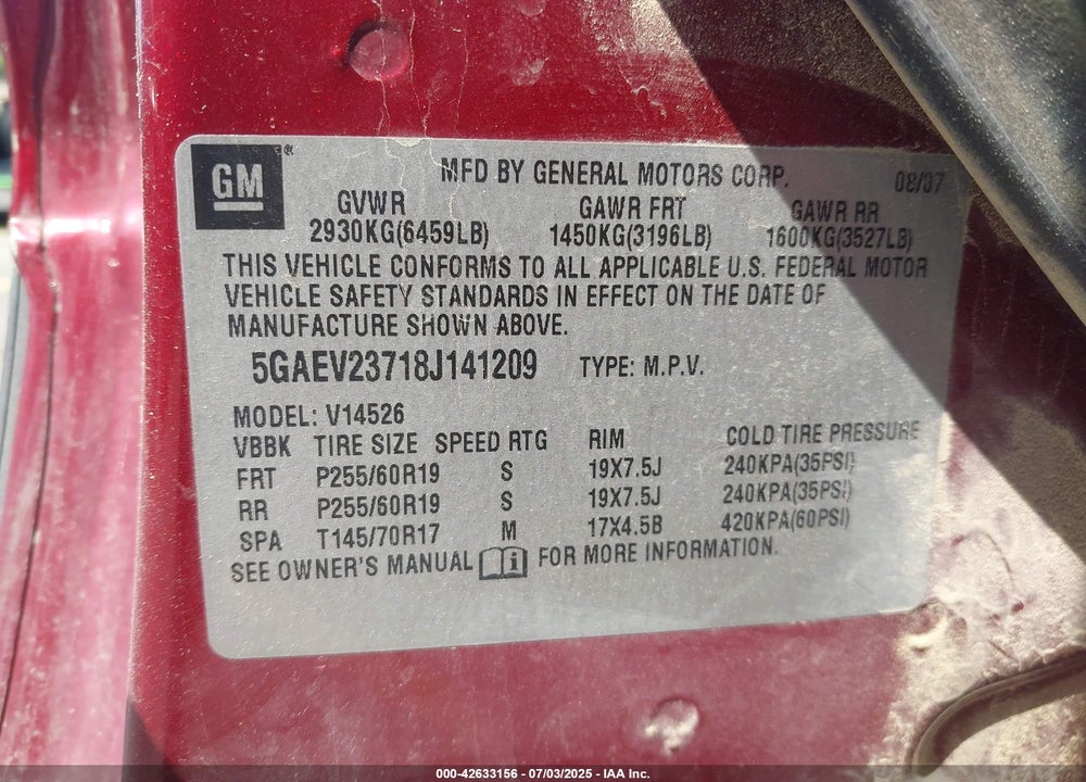 2008 BUICK ENCLAVE VIN: 5GAEV23718J141209