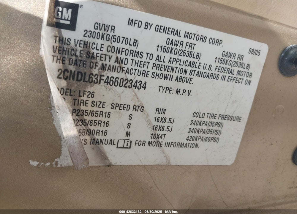 2006 CHEVROLET EQUINOX LT VIN: 2CNDL63F466023434