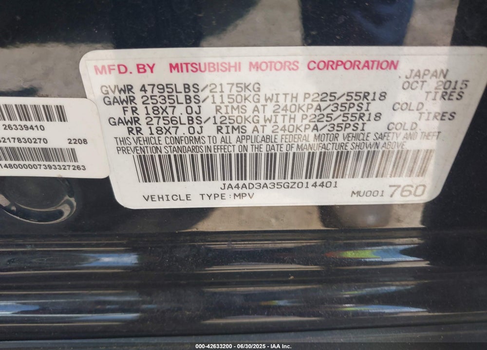 2016 MITSUBISHI OUTLANDER VIN: JA4AD3A35GZ014401