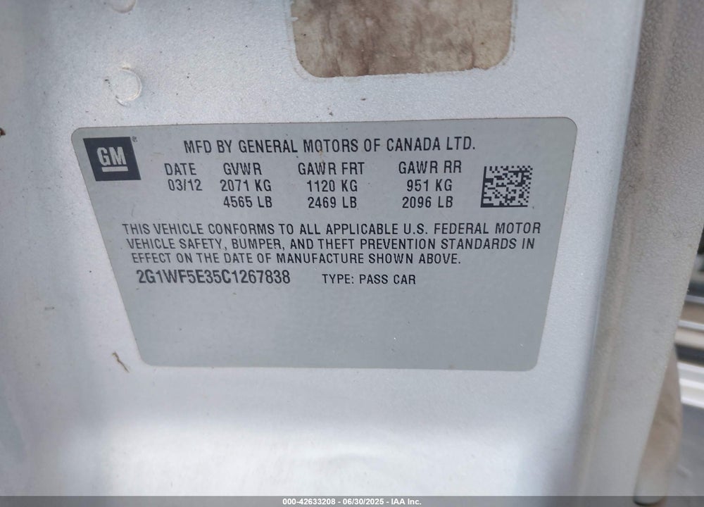 2012 CHEVROLET IMPALA VIN: 2G1WF5E35C1267838